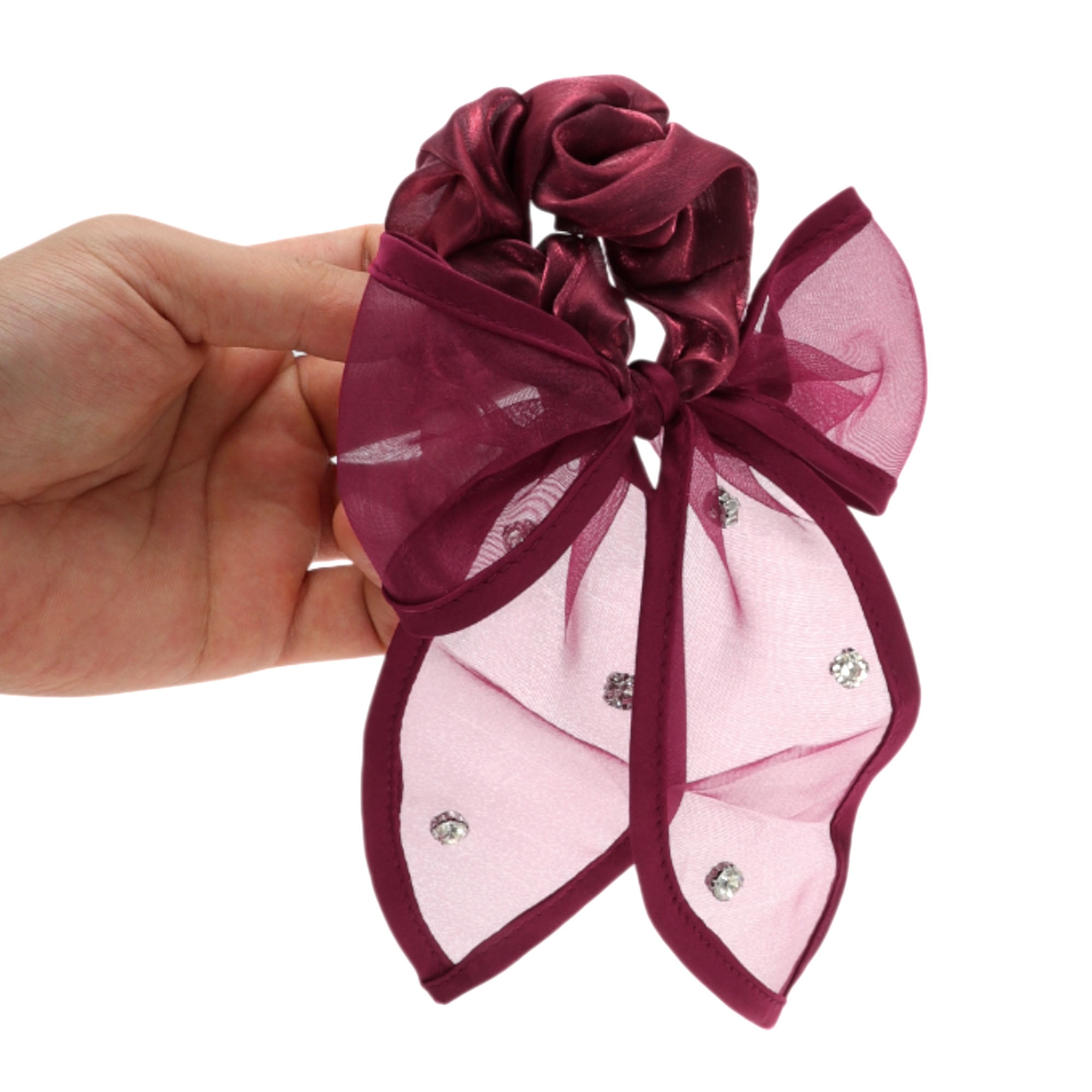 Unique Bargains 1Pc Rhinestones Bow Scrunchie Hair Elastic Band for Women Wine Red