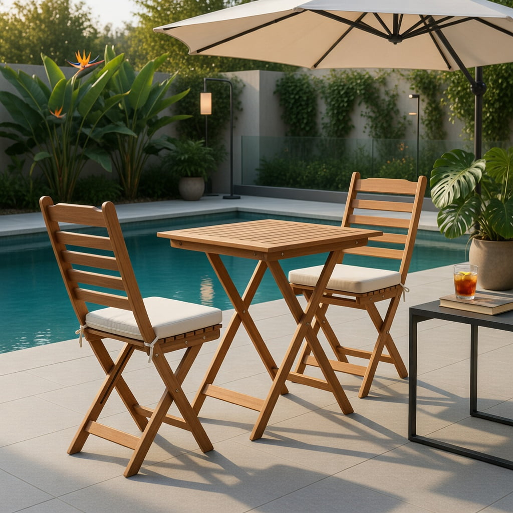 Hommoo Acacia Wood Folding Chair and Table Set with Cushions, 2 Chairs + 1 Table, Outdoor Patio Furniture for Backyard, Balcony & Poolside, White