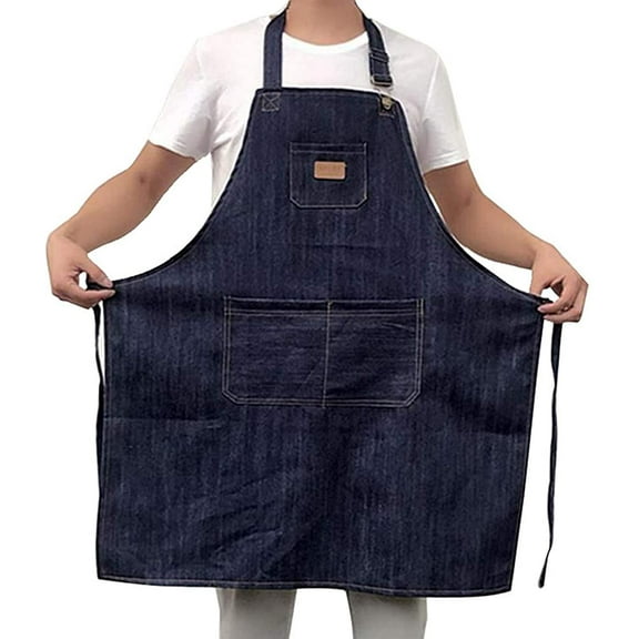 Carolilly Adjustable Denim Apron with Pockets for Men and Women, for Chef, Kitchen, BBQ, Grill, Cooking, Baking and Coffee Shop (Dark blue, One Size)