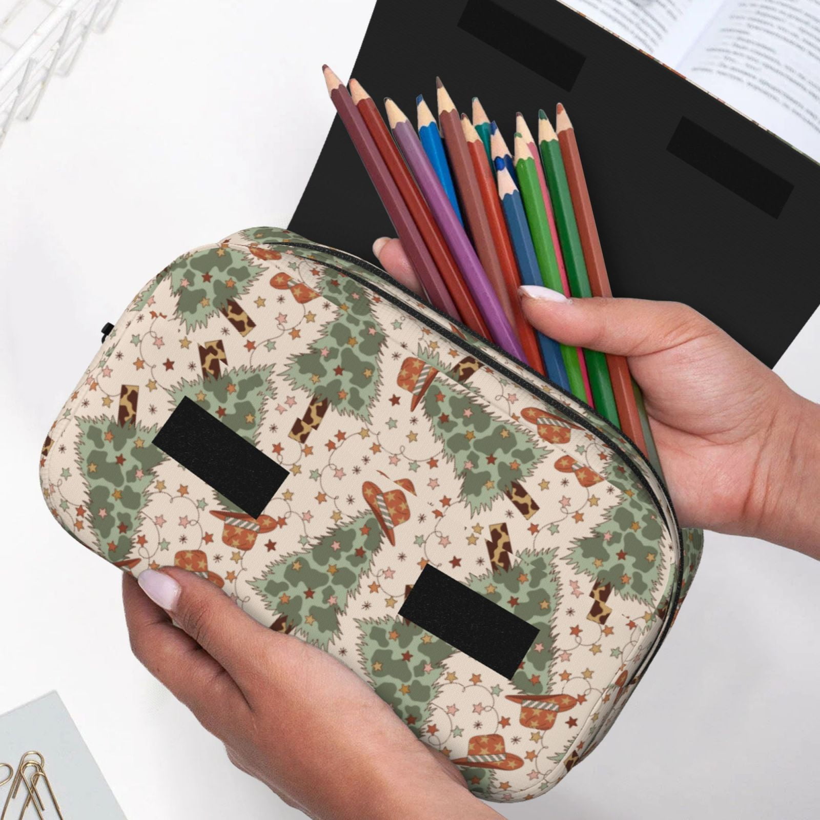 Rateoe Cowboy Christmas Trees Pattern Double Clamshell Pen Case, Storage Organizer with Two Zipper Compartments– Holds Up to 50 Pencils & Pens