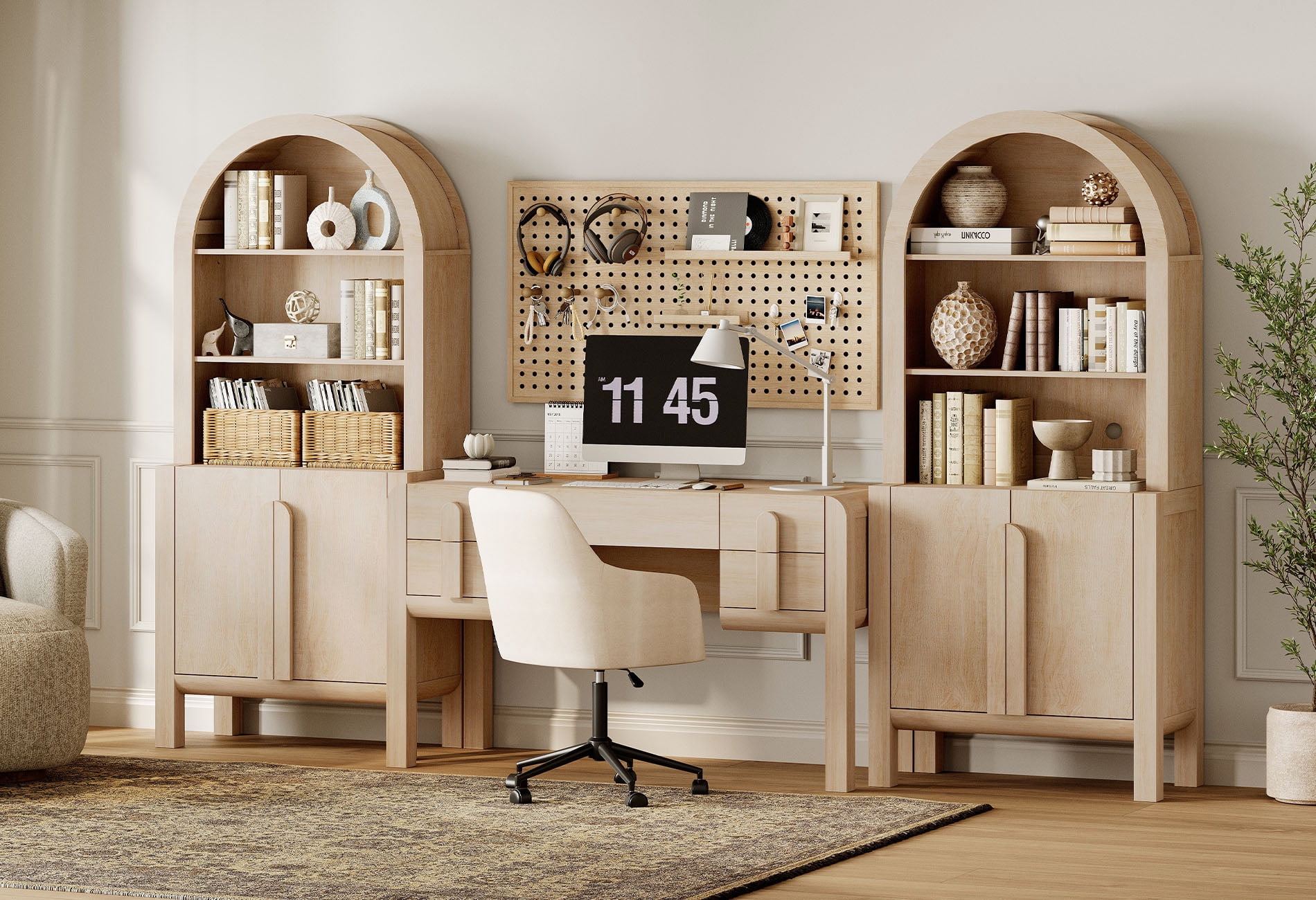 Home Office Set, 53.5" Modern Executive Desk with Charging Station and Drawers & 2 Piece 71"H Tall 5-Tier Arched Bookcases with Storage Cabinet for Living Room, Bedroom, Home Office