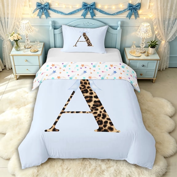 Manfei Leopard Print Personalized Initial A Twin Bedding for Girls,Kawaii Blue Bow Duvet Cover Set for Kids Teens,Lightweight Room Decor,2pcs,No Comforter