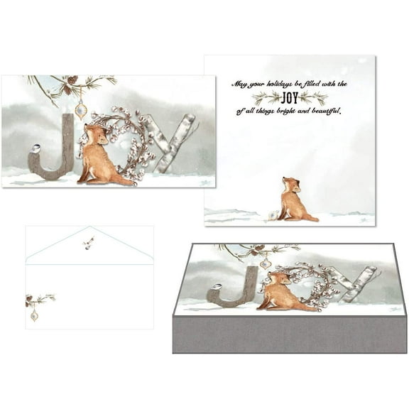 LPG PERFORMING ARTS BOXED CHRISTMAS CARDS JOY Fox Mini Long Glitter Christmas Cards, Full Color Designed Envelopes, Beautiful Keepsake Box (14 glitter cards, 14 coordinating envelopes) (85001)