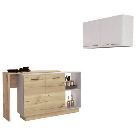 Newboti Furniture White and Light Oak 4-Shelf 6-Door 2-piece Kitchen Set, Kitchen Island and Upper Wall Cabinet 28820