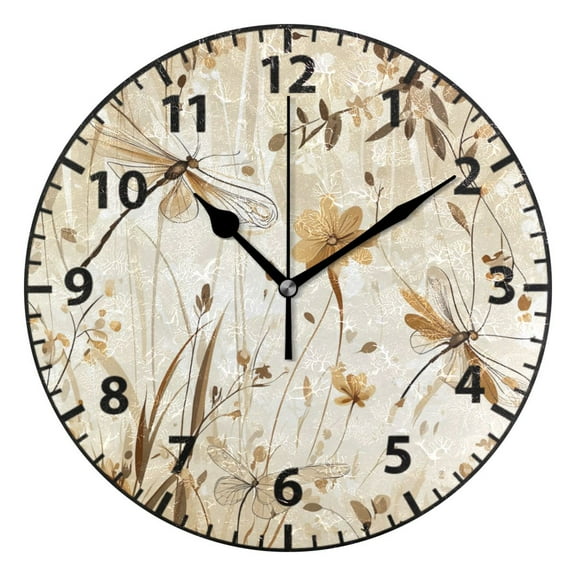 9.84in Dragonflies and Flowers PVC Canvas Wall and Table Clock with Canvas Texture, Black or Gold Hands
