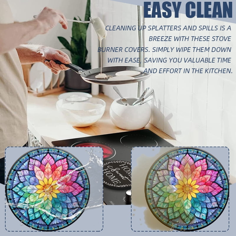 Round Burner Covers for Electric Stove, Multicolored Mystery Floral Mandala in Stained Glass Style Metal Durable Burner Covers Set of 4 for Kitchen Cooktop, 8 Inches and 10 Inches