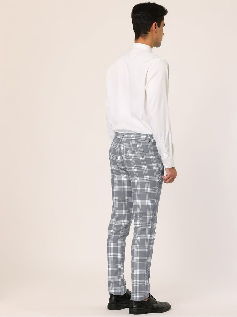 Unique Bargains Men's Plaid Pants Casual Slim Fit Flat Front