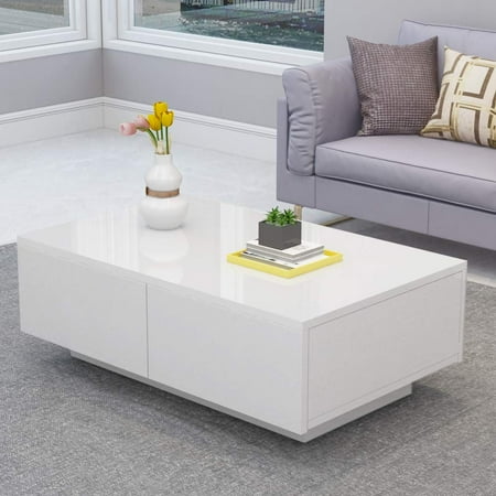 Living Room Table White Hilitand Rectangle Coffee Table Modern Wood Furniture Side High Gloss Finish Table with 4 Drawers for Living Room White ()