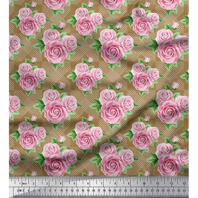 Soimoi Rayon Fabric Check,Leaves & Rose Floral Print Fabric by Yard 42 Inch Wide