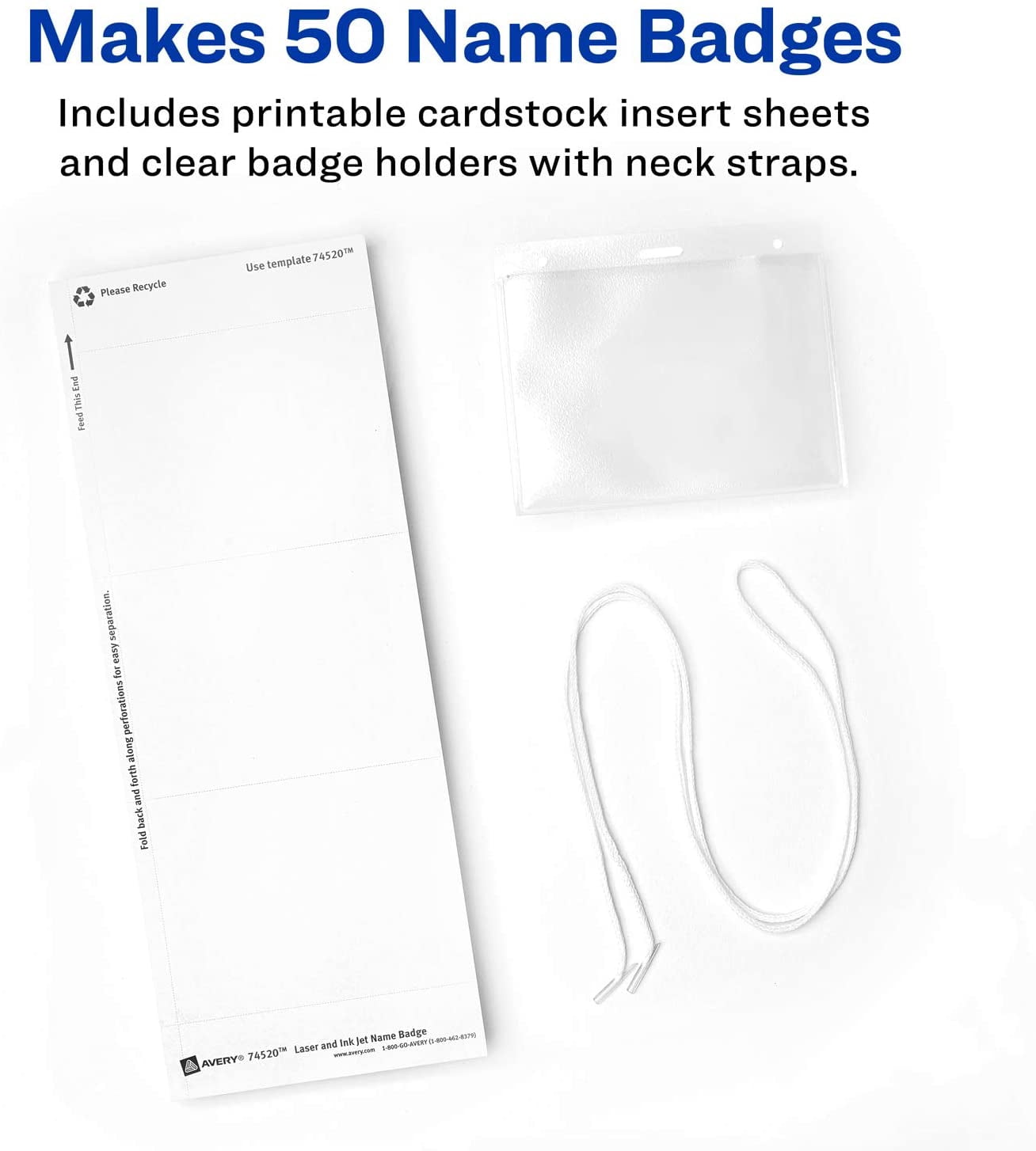 Avery Name Badges with Lanyards, Print or Write, 3" x 4", Badge Holders & Lanyards, 50 Inserts (74520), White
