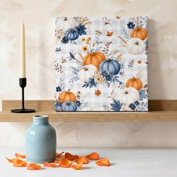 Thanksgiving Fall Pumpkins Canvas Wall Art, Framed Wall Art Waterproof Canvas Prints Paintings 8"x8", Gray White Plaid Background Oil Painting for Bedroom Living Room Bathroom Home Decor