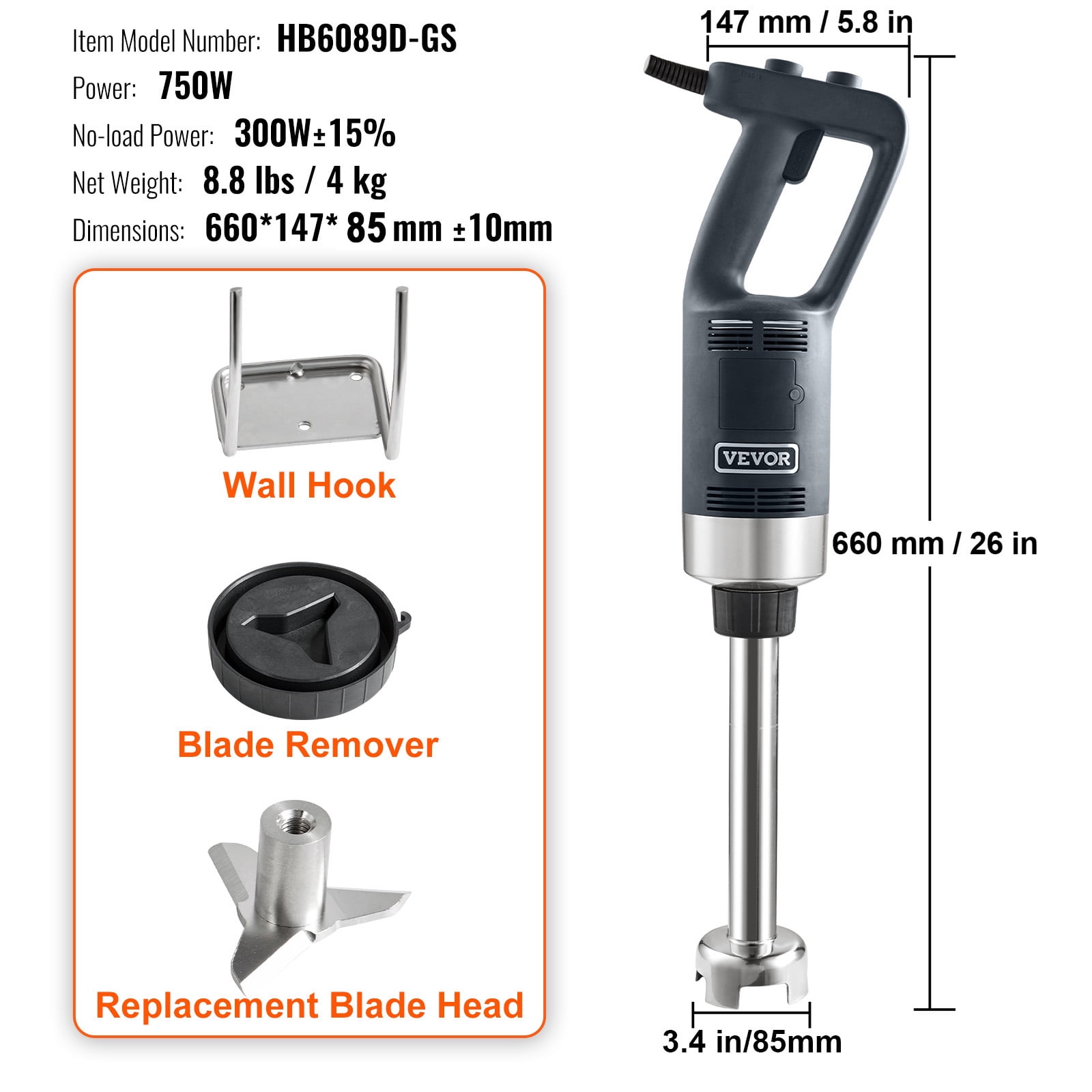 VEVOR Commercial Immersion Blender,750W 12" Heavy Duty Hand Mixer, Variable Speed Kitchen Stick Mixer with 304 Stainless Steel Blade, Multi-Purpose Portable Mixer for Soup, Smoothie, Puree, Baby Food