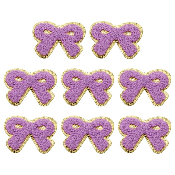 Uxcell 8 Pcs Parches de Lazo Morado de Chenille, Parches de Planchar con Bordes Dorados para Manualidades de Ropa, Sombreros, Mochilas, Vestidos, Pantalones, Jeans
