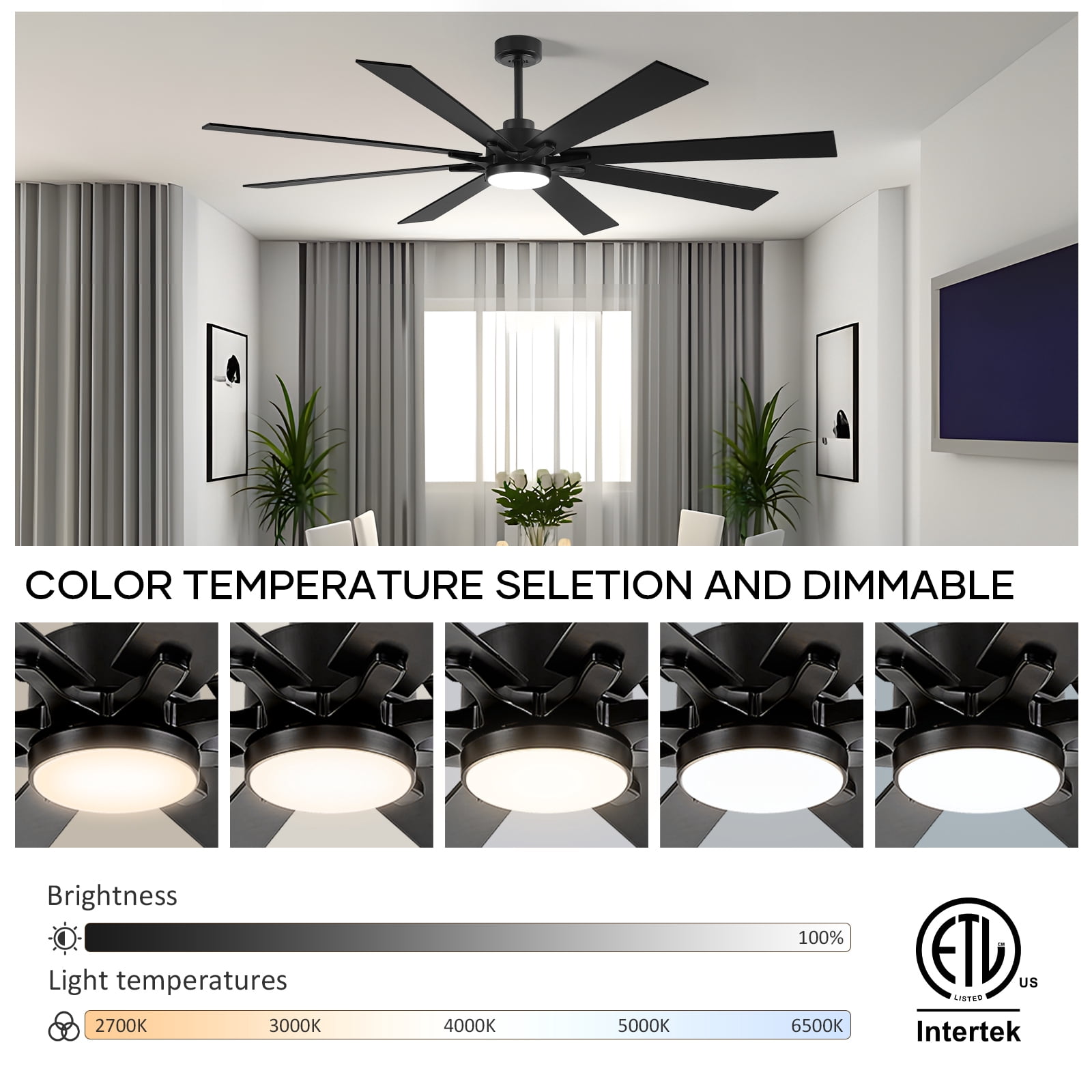 62 inch Black Ceiling Fan with Light, Remote Control, 8 Reversible Blades, High CFM Quiet DC Motor, 5-Cct Dimmable, for Indoor/Outdoor Bedroom