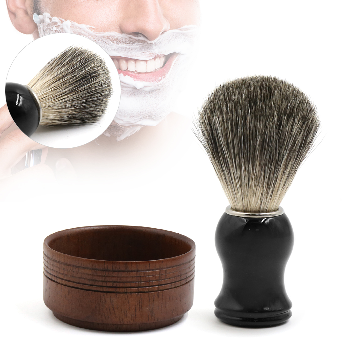Men's Vintage Badger Hair Shaving Brush and Bowl Wooden Shaving Mug Set