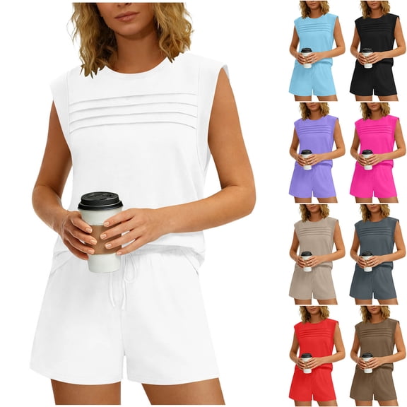 Bixock Workout Set for Women,2 Piece Set for Women,Short Sleeve Crew Neck Top with Front Shirring and Shorts Solid Set