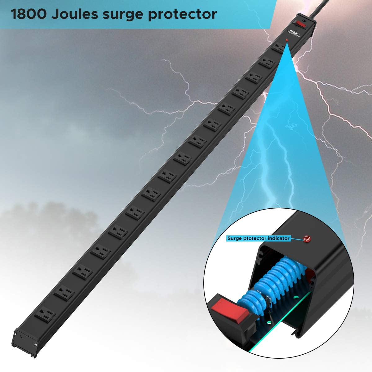 CRST Metal Heavy Duty Surge Protector, Wide Spaced 16 Outlets Power Strip with 15ft Long Extension Power Cord, 1800J