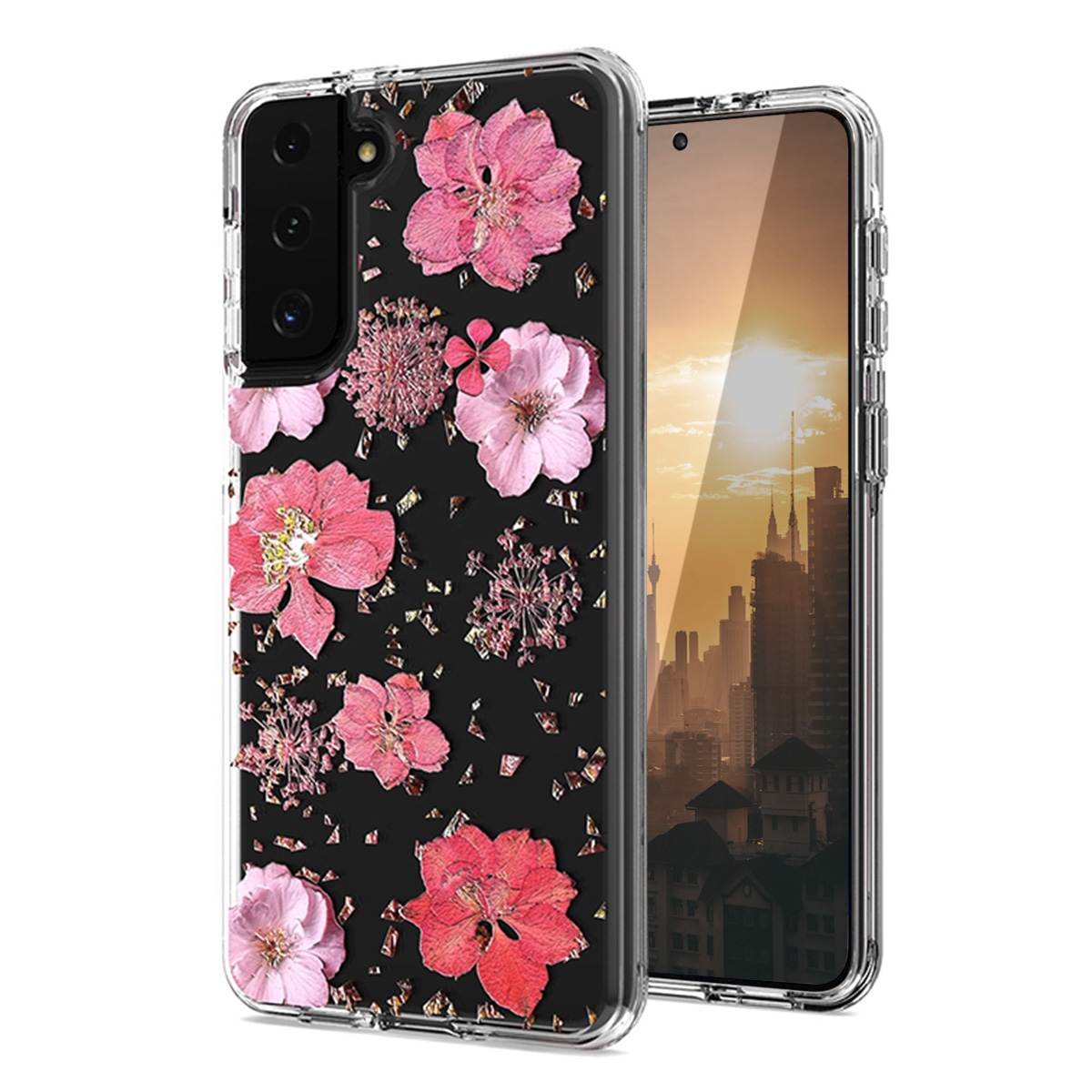 Galaxy S21+ Case, Cellularvilla Flower Design Hybrid Clear Shiny Sparkle Glitter Transparent Hybrid Protective Shockproof Dual Layer Protection Cover For Samsung Galaxy S21 Plus 5G (6.7 inch) (Pink) - image 1 of 1