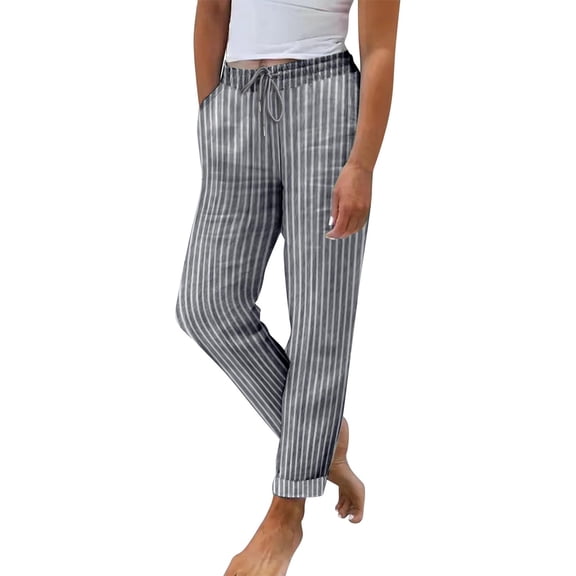 Pants for Women,Women Striped High Waist Pants Loose Lounge Wide Leg Trousers Lightweight Pinstripe Drawstring Casual Beach with Pocket
