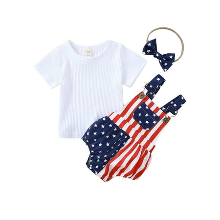 

Suanret Toddler Baby Girls 4th of July Outfits Ribbed Tops Shirt Suspender Shorts Overalls Independence Day Clothes White 6-12 Months