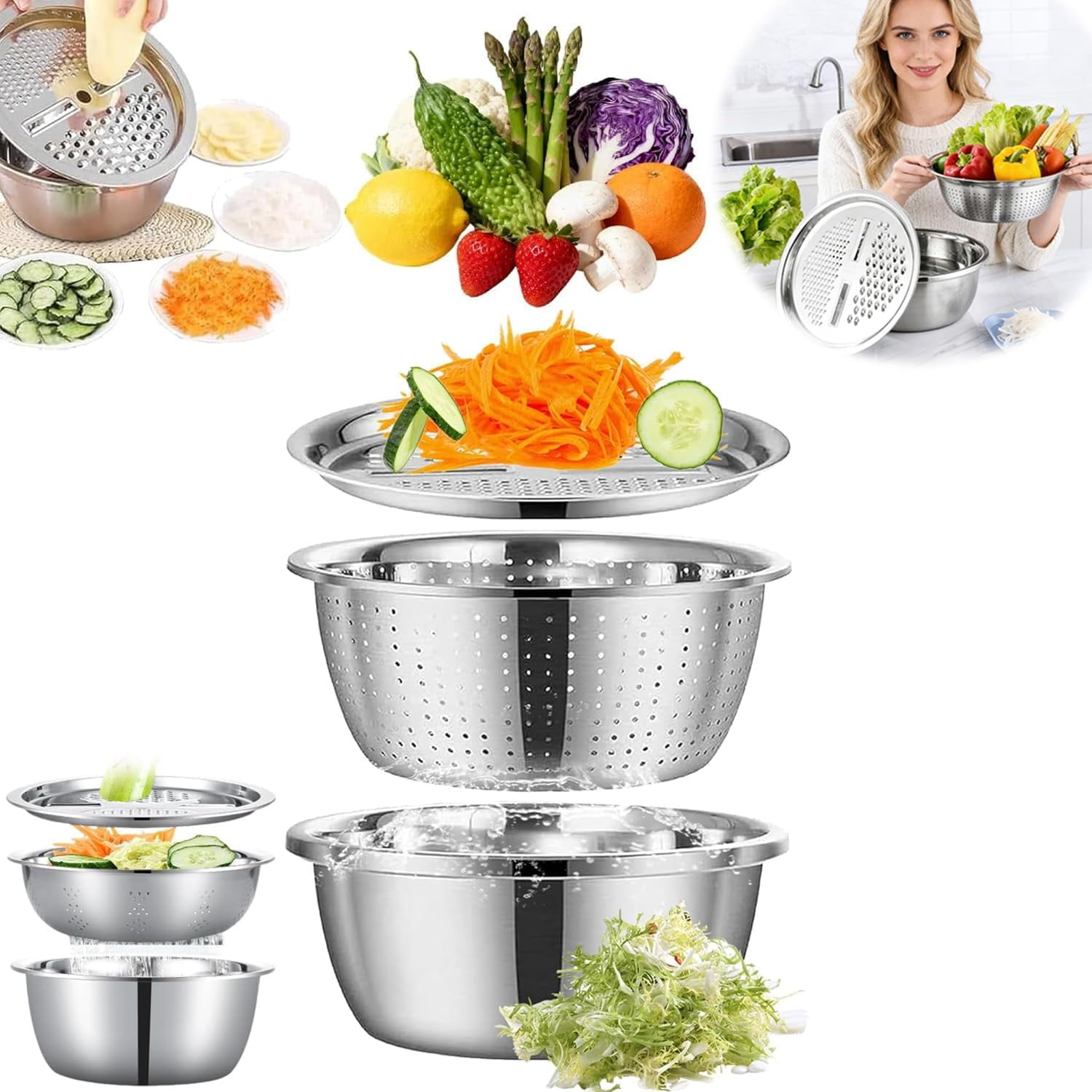 2026 New Upgrade 5 in 1 Multifunctional Stainless Steel Basin with Grater - Multifunction Stainless Steel Basin, Stainless Steel Shredding & Drainage Chopping Basin (23cm/9in)