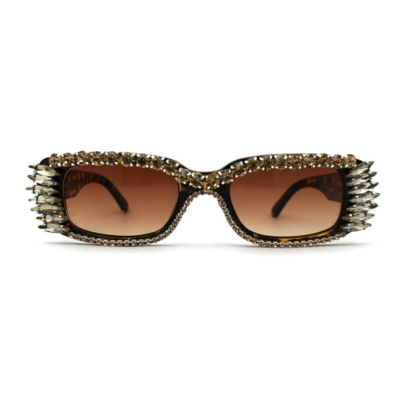 Womens Luxury Large Gem Rhinestone Jewel Narrow Rectangular Sunglasses Tortoise Brown