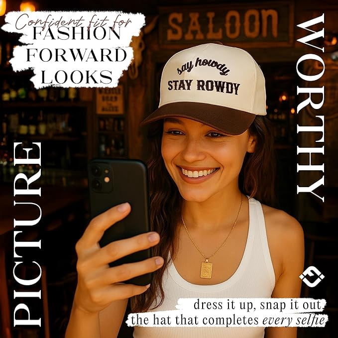 Funky Junque Two Tone Vintage Snapback Trucker Hat - Say Howdy Stay Rowdy - Brown/Beige