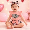 thumbnail image 2 of Toddler Girl Outfits Valentine's Day Heart Print Short Sleeve Romper Shorts Headband Three Piece Set Cute Casual Playwear Multicolour 9 Months-12 Months, 2 of 7
