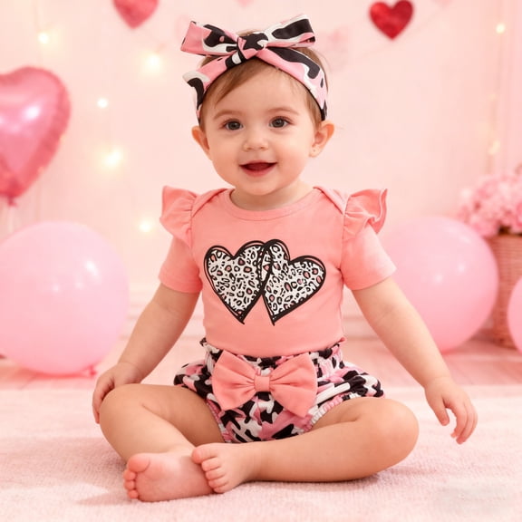 RTKFRFLM Valentine's Day Gift Baby Girl Clothes Set 3PC & Flora Romper with Ruffle Pants Soft Cotton 0-24 Months Outfit for Photo