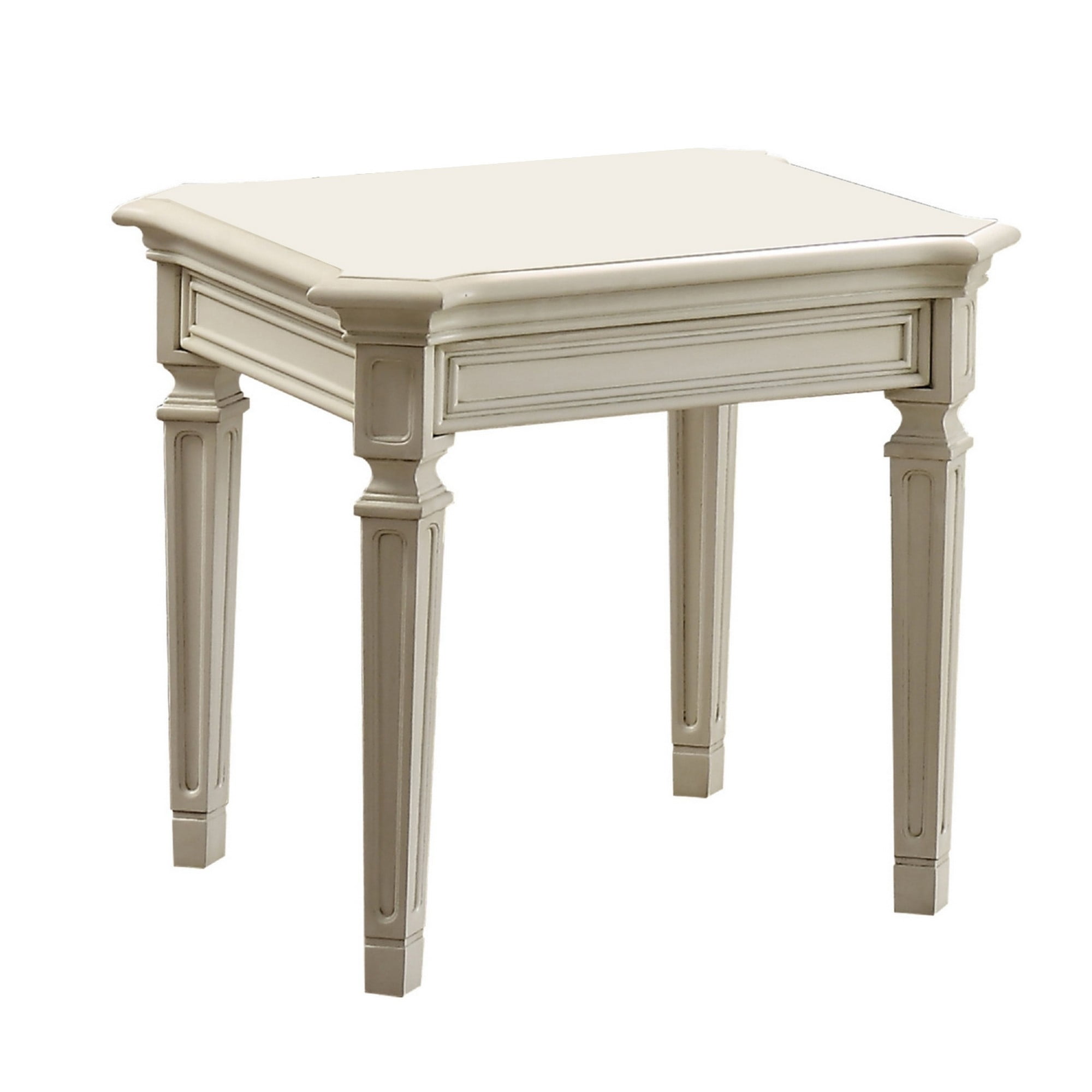 Transitional Wooden End Table with Tapered Recessed Legs, Antique White