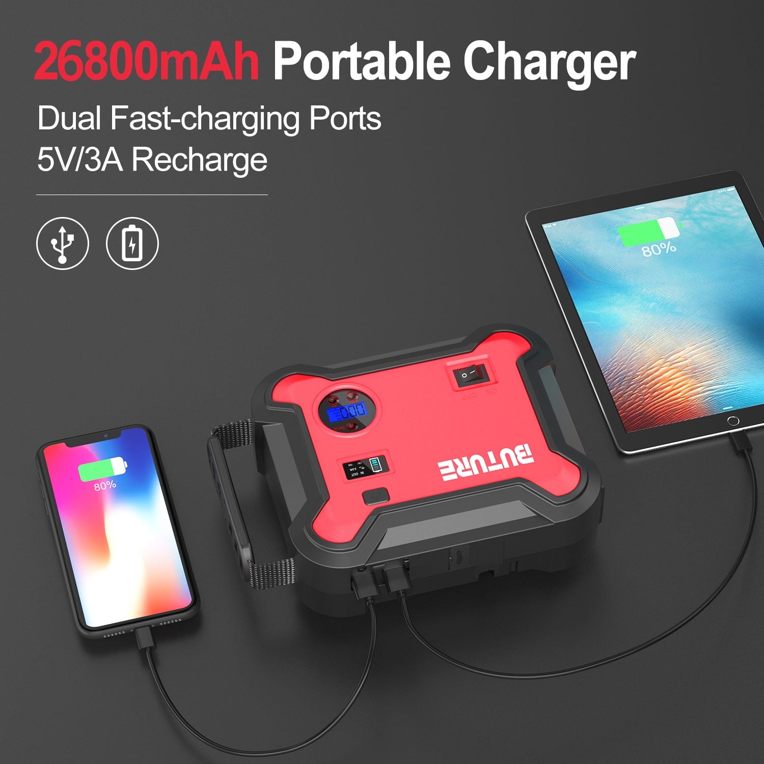 アクセサリー BUTURE Jump Starter with Air Compressor BUTURE 2500A Car Battery Jump Starter, 12V Battery Booster