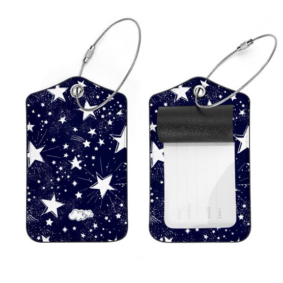 Square 2Pack PU Leather Stars Dark Blue Starry Cruise Luggage Tag with Privacy Cover and Stainless Steel Ring - Suitable for Travel Handbags Backpacks Luggage Tags