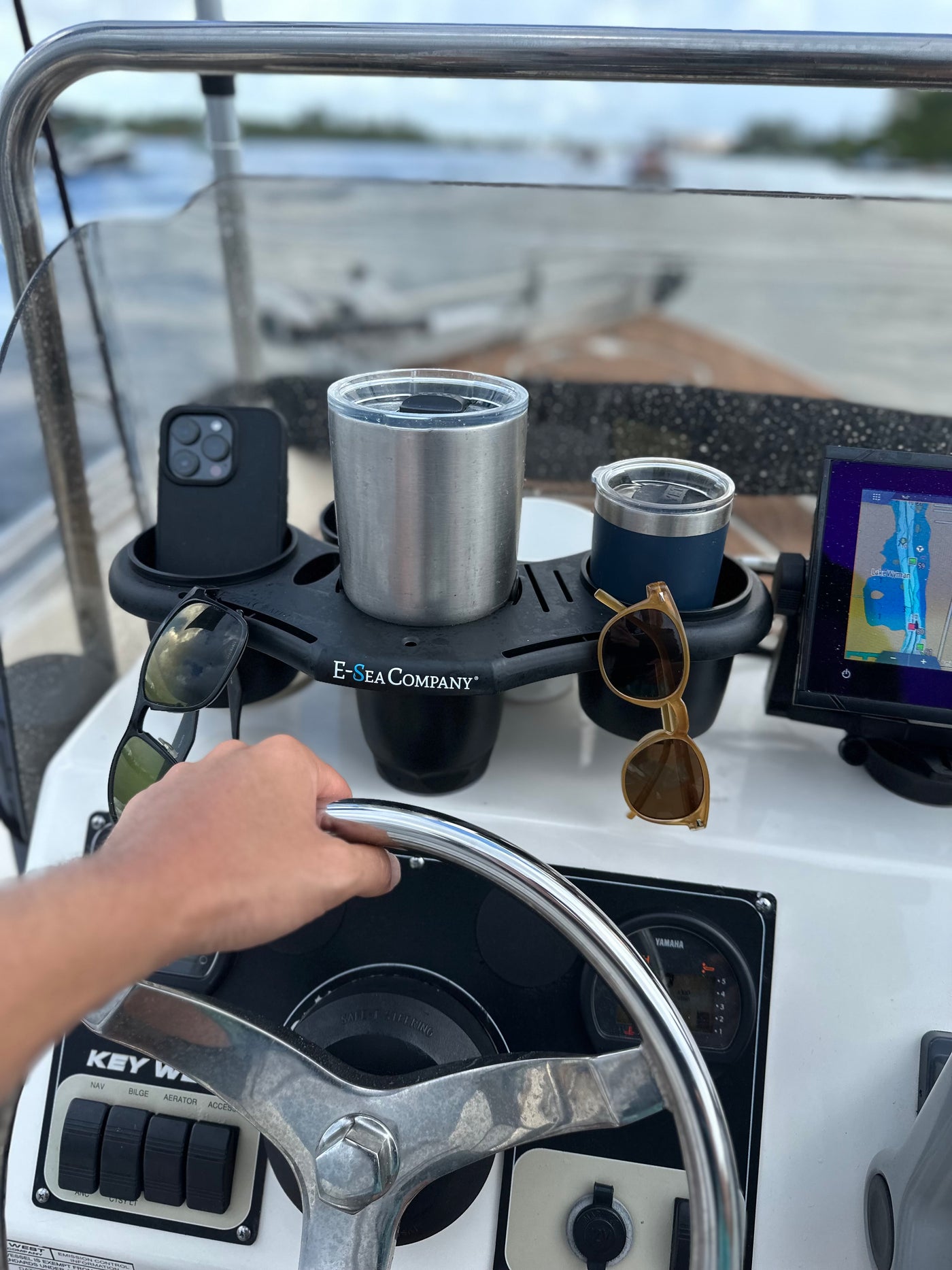 E-Sea Company E-Sea Caddy Pro-(Black). Multi Cup Suction Mounted Drink Holder w/Knife, Pliers, Hook and Sunglass Storage. Perfect for Boats, Paddle Boards, Kayaks, Camping and More!