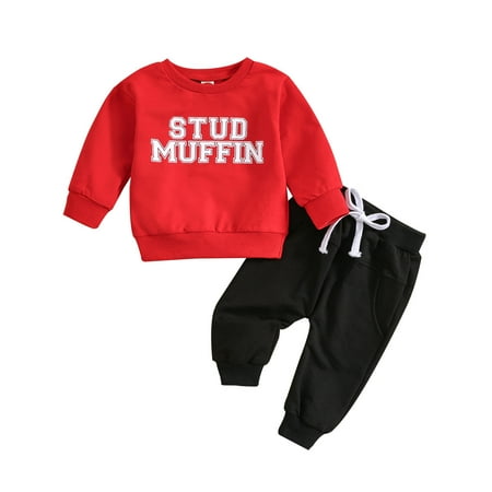 

ZIZOCWA Baby Boys Outfit Letter Printed Long Sleeve Sweatshirts Solid Color Pants Clothes Set Toddler Boys Fall Winter Outfits 2Pcs Red Size70