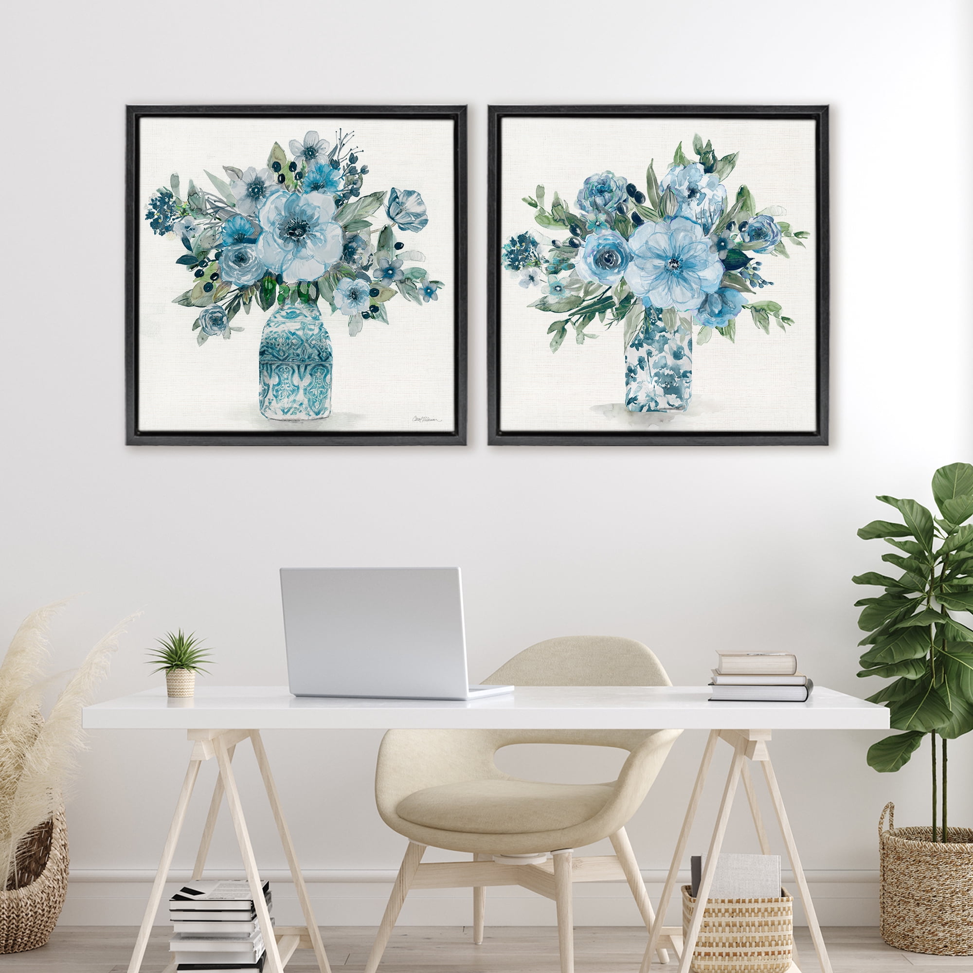 Stupell Industries Pastel Blue Floral Vase Arrangements 2 Piece Black Framed Floater Canvas Set, design by Carol Robinson