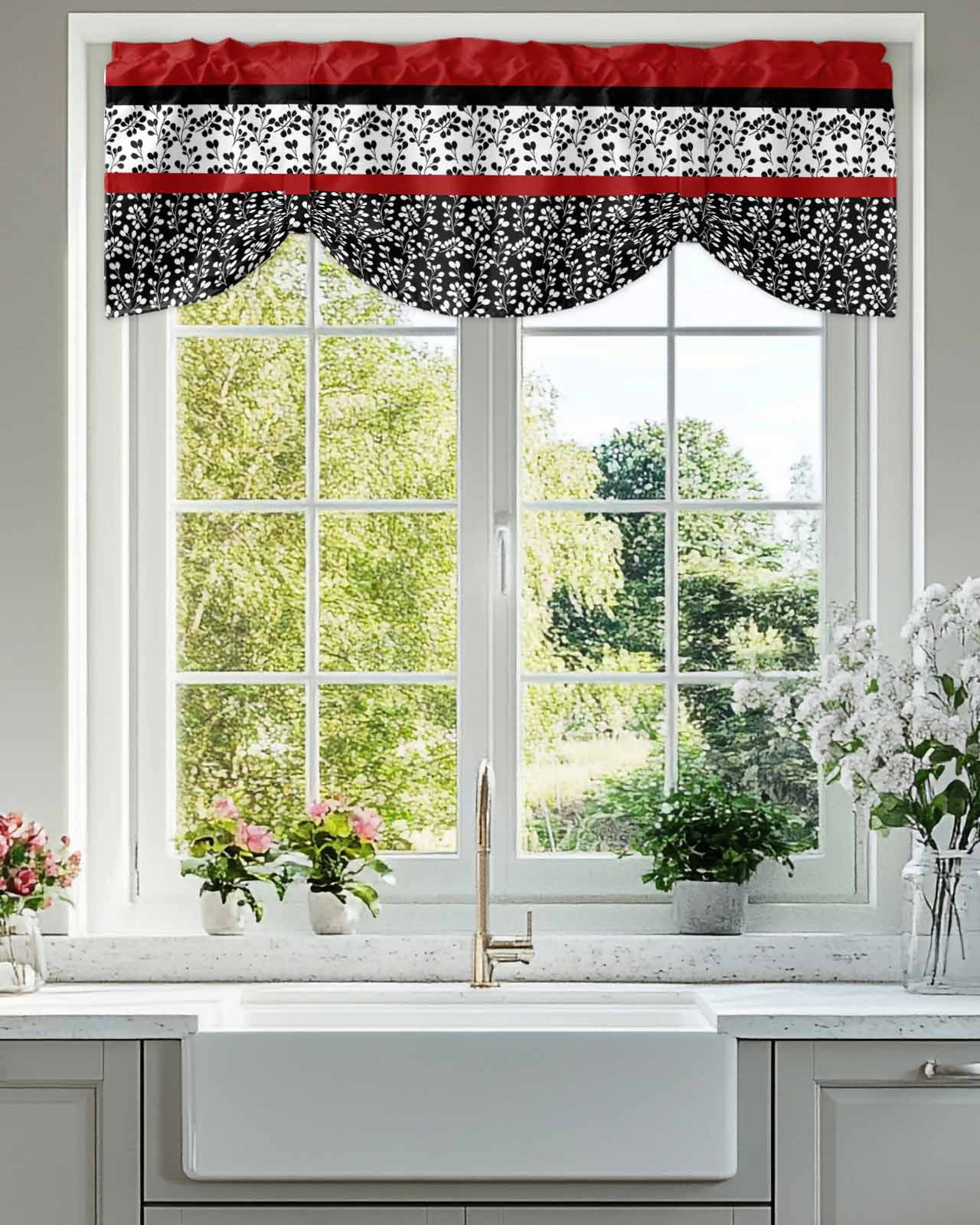 Abstract Red Tie Up Valances Curtain, Adjustable Kitchen Black Stripes Floral Plant Modern Vintage Valances for Windows Decor, Rod Pocket Short Curtains Set for Bedroom/Bathroom, 54"x18"