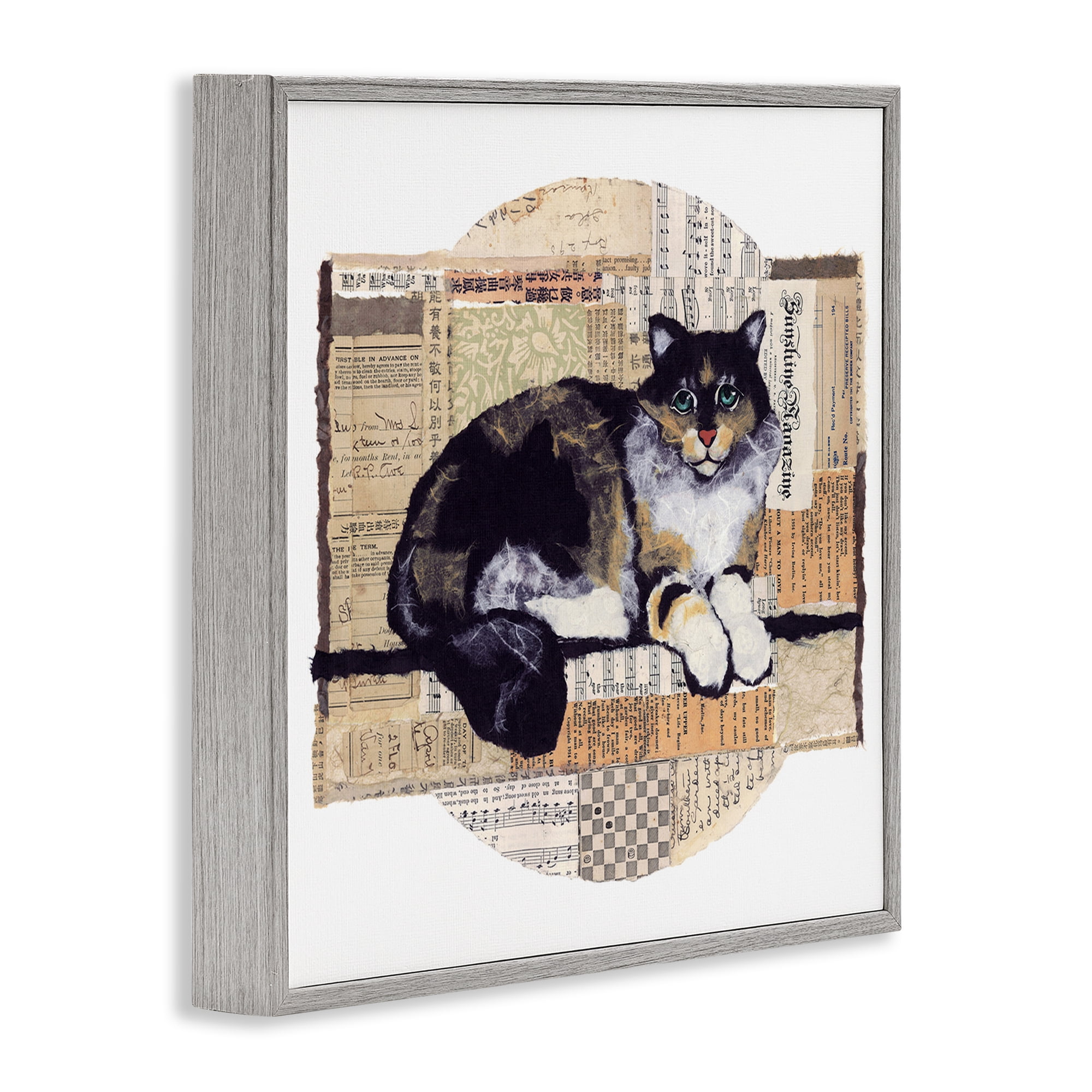 Stupell Industries Cat with Vintage Collage Animals & Insects Painting Gray Framed Art Print Wall Art, 24 x 24