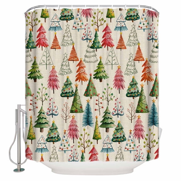 Vintage Christmas Tree Bathroom Shower Curtains with Hooks, Green Pink Blue Trees Winter Waterproof Fabric Washable Shower Curtain for Home Hotel Bathtub Decor 72x72 Inch