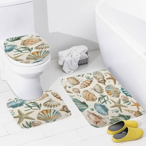 Beach Seashell Starfish Bathroom Rug Set of 3, No Silp Washable Cover Floor Rug Decorations for Kitchen Bathroom Bedroom