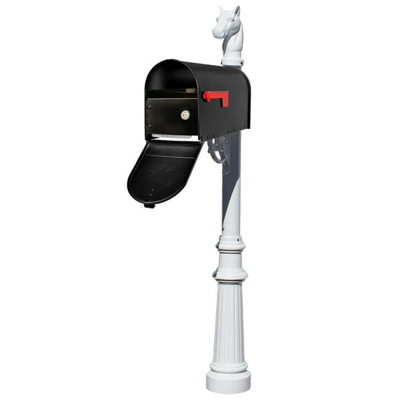 Lewiston Equine post system with E1 Economy mailbox and E1 Locking Insert, mounting plate, fluted base and horsehead finial , White