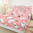 thumbnail image 4 of Homewish Cartoon Halloween Ghost Bed Sheets,Spider Web Bat Pattern Full Size Sheets,Blush Pink White,4 Pieces,1 Flat Sheet,1 Fitted Sheet and 2 Pillowcases, 4 of 6