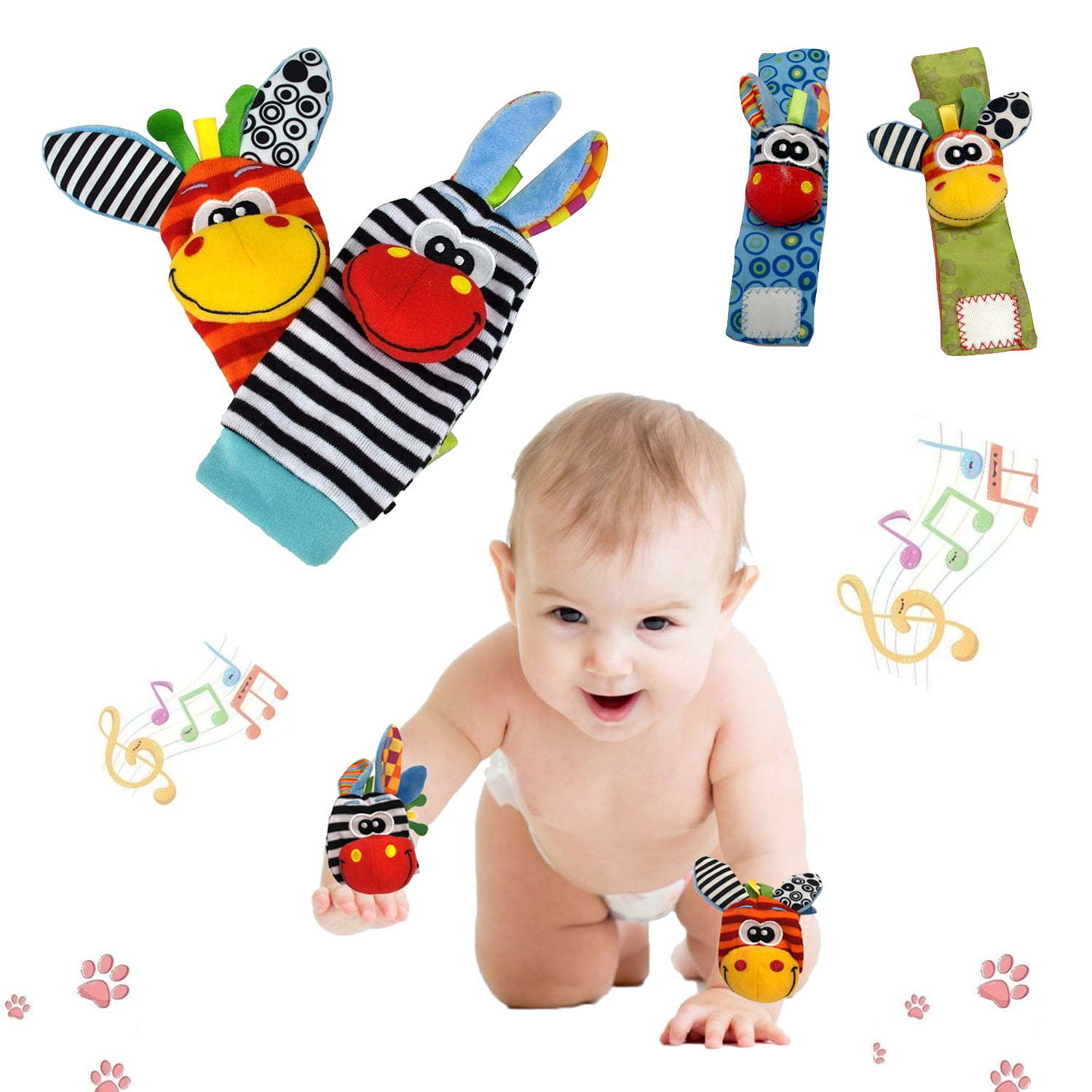 4pcs set Cute Animal Infant Baby Kids Hand Wrist Bell Foot Sock Rattles Soft Toy 