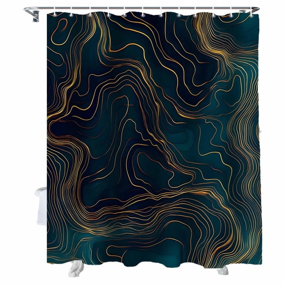 Shower Curtains Abstract Dark Green Wave Bath Curtain Golden Stripes Waterproof Bathroom Shower Curtain Set with Hooks Decoration 36 x 72 Inches