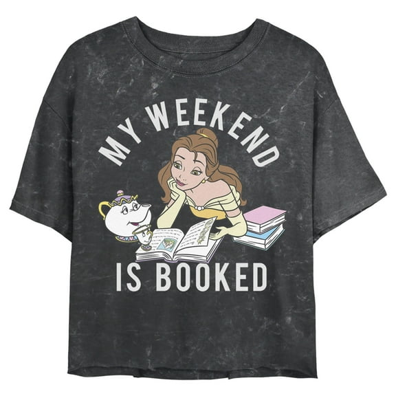 Junior's Beauty and the Beast Belle My Weekend Is Booked Crop Graphic Tee Black Mineral Wash X Large