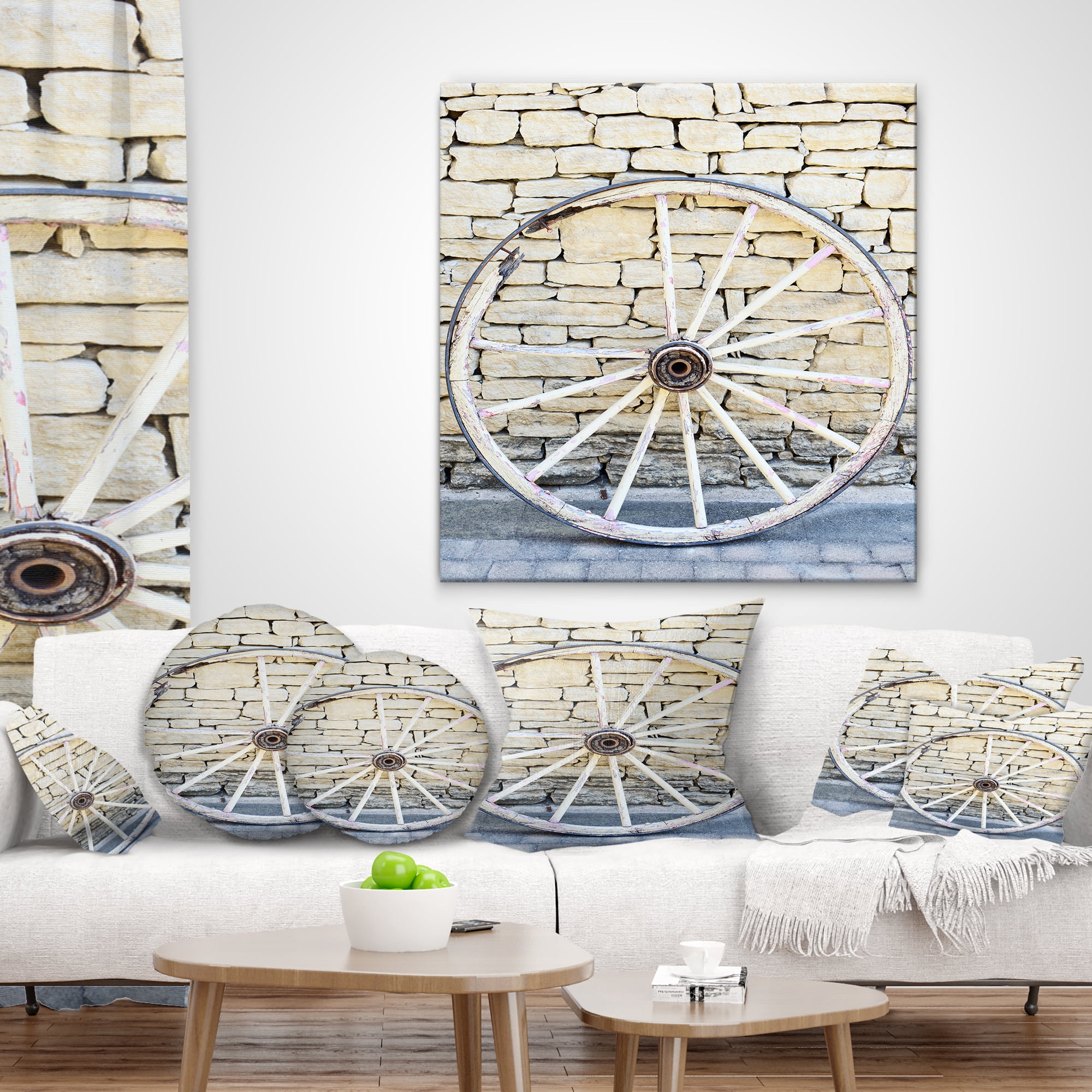Designart Old Vintage Broken Wood Wheel - Landscape Printed Throw Pillow - 16x16