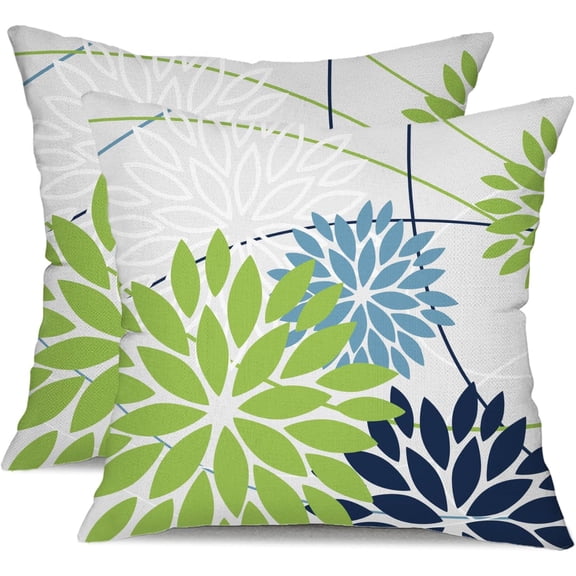 Green and Dark Light Blue Floral Pillow Covers 20x20 Set of 2 Outdoor Pillows Covers Waterproof Summer Pillowcovers Polyester Cushion Case Decor for Couch Patio Funiture Garden Porch 01U20