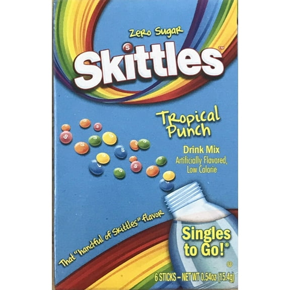 Skittles Tropical Punch Zero Sugar Powder Drink Mix Sticks, Singles To Go, Low Calorie, 6 Packets, 0.54 oz