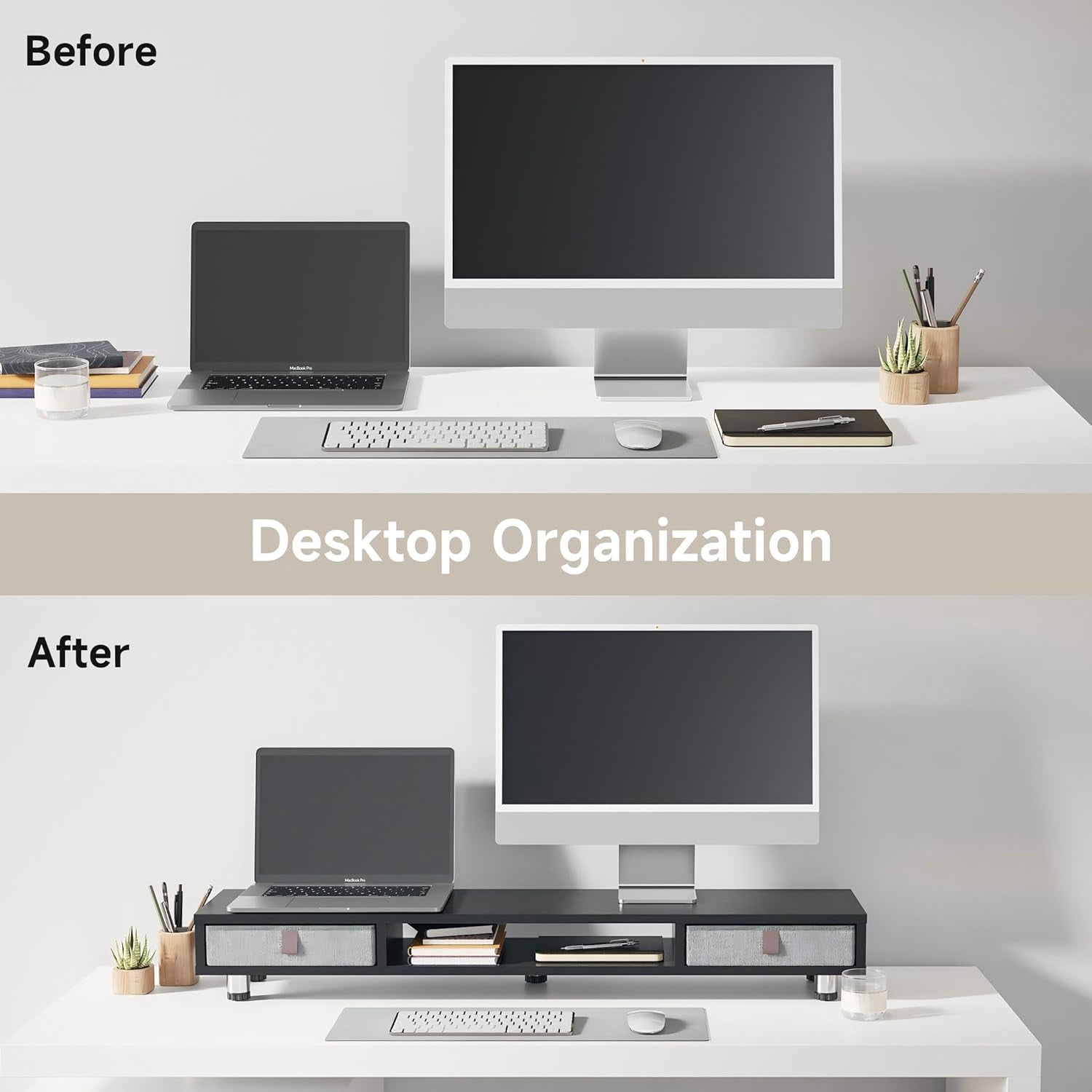 Dual Monitor Stand with 2 Drawers, 42.5 Inches Large Computer Riser for Desk