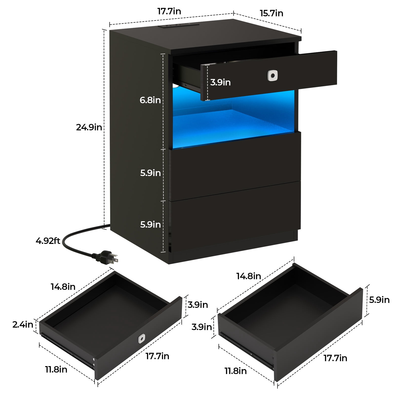 Hommpa Biometric Fingerprint Lock Nightstand with Charging Station, Black Smart LED Bedside Table with Lockable Drawer for Gun Safe, Modern High Gloss 3 Drawers End Table for Bedroom