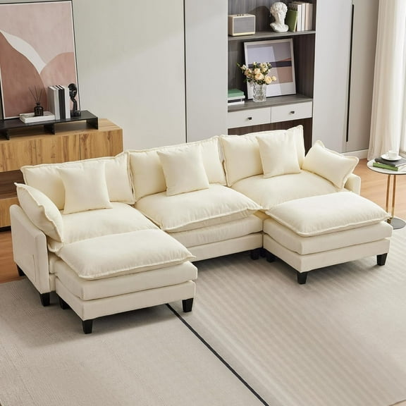 Festisoul Sectional Cloud Couch with Reversible Ottoman, L-Shaped Modern Sofa Modular Combination Cloud Sofa, 3-Seater Chenille Combo Set with 2 Footstool for Living Room, Beige